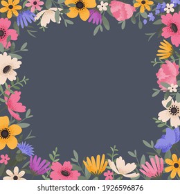 Floral background design with summer flowers. Greeting card with place for text. Template for invitation card with beautiful peonies and anemone flowers. Vector illustration