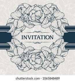 Floral background design in vintage style. Vector botanical illustration. Template greeting card, wedding invitation banner with spring flowers. Sketch linear tulips blossom flowers