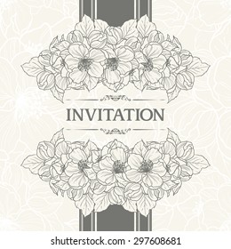 Floral background design in vintage style. Vector botanical illustration. Template greeting card, wedding invitation banner with spring flowers. Sketch linear apple cherry blossom sakura flowers