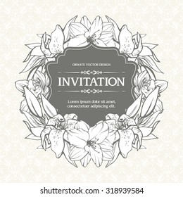 Floral background design in vintage style. Vector botanical illustration. Template greeting card, wedding invitation banner with spring flowers. Sketch linear beautiful flowers in frame composition