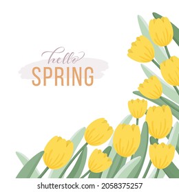 Floral background design with yellow tulips. Flat style vector illustration.