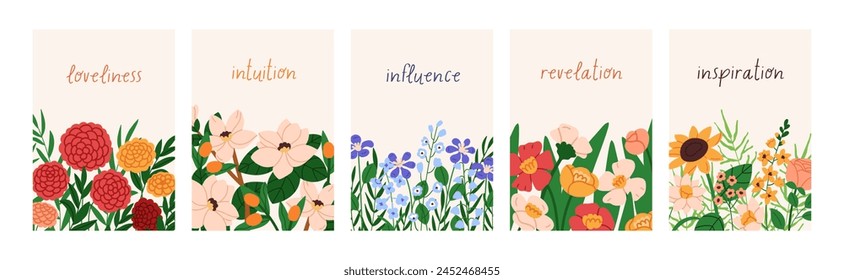 Floral background designs set. Beautiful blossomed flowers, gentle wildflowers, spring and summer cards. Natural botanical posters with blooming field and meadow plants. Flat vector illustration