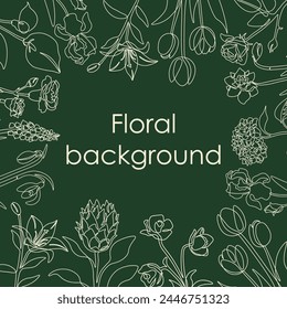 Floral background. Different wildflowers on green backdrop. Frame with copy space for cards, posters and prints. Square banner for social media post. Blooming plants. Vector isolated illustration