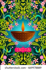 Floral background with Diwali Diya showing Incredible India in vector