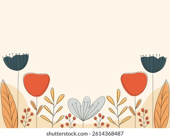 Floral Background Doodle Flower Nature Frame Border Hand-Drawn Botanical Leaf Spring Line Pastel Minimalist Abstract Vintage Decorative. Hand Drawn Cute botanical border for spring card or invitation