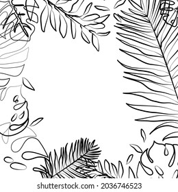 Floral background in doodle style, in black and white. Various leaves, branches, stems, handcrafted, ink lines of uneven thickness. Vector illustration, flat cartoon design, isolated.