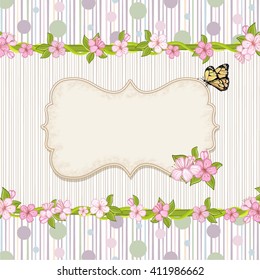 Floral background with dots  . Cherry blossom, branch with pink flowers.