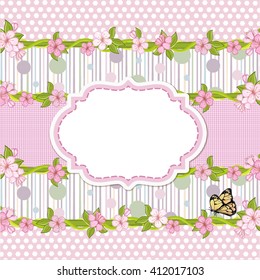 Floral background with dots  . Cherry blossom, branch with pink flowers.