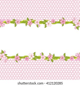 Floral background with dots  . Cherry blossom, branch with pink flowers.