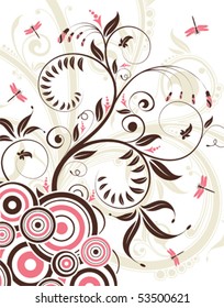 Floral background with dragonfly and circle, element for design, vector illustration