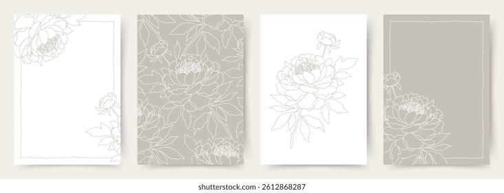 Floral background with elegant hand drawn flowers in line art style in beige tones. Elegant vector illustration for wedding invitation, packaging, social media, postcard, cover, poster, advertising