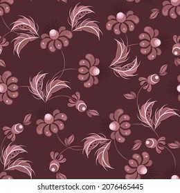 Floral background in ethnic painting style. Elegant vector hand drawn texture with flowers, leaves, buds. Modern folk ornamental, dark background. Suitable for wallpaper, packaging, fabric, textiles