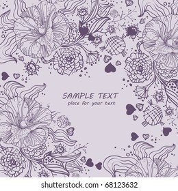 floral background with fantasy flowers, plants and hearts