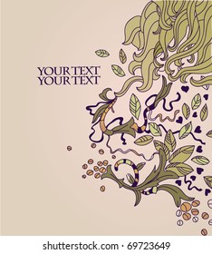 floral background with fantasy hand drawn plants, berries and ribbons