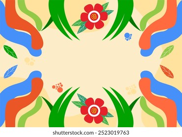 floral background. Field and garden flowers, wildflowers, leaf plants, branches. Delicate red flowers. Botanical natural flat vector illustration isolated on yellow background
