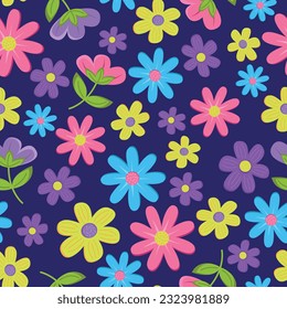 Floral background. Flat design . Flower seamless on blue background illustration. Pretty floral pattern for print.