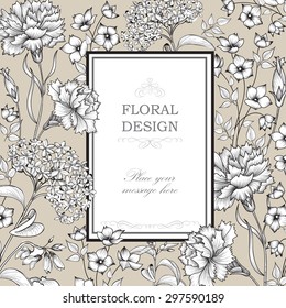 Floral background. Flower bouquet border. Floral vintage cover. Flourish card with copy space.