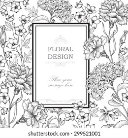 Floral background. Flower bouquet border. Floral vintage cover. Flourish card with copy space.