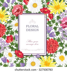 Floral background. Flower bouquet vintage cover. Flourish summer festive card with copy space.