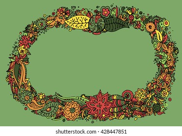 Floral background. Flower bouquet vintage frame. Flourish card with copy space. Colorful hand drawn vector stock illustration