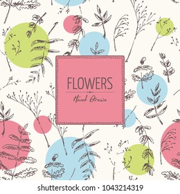 Floral background with flower and leaves. Vector hand drawn illustration.