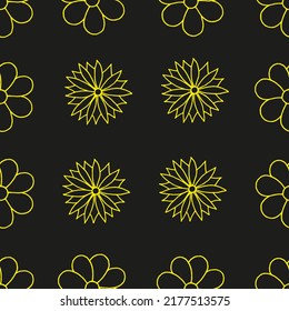 Floral background. Flower pattern. Flower drawn with yellow marker on black paper. Neon seamless floral backdrop.