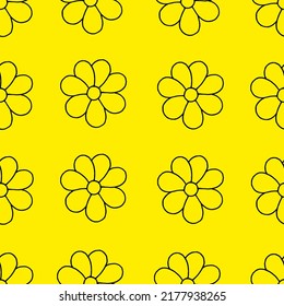 Floral background. Flower pattern. Flower drawn with black marker on yellow paper. Seamless chamomile backdrop.
