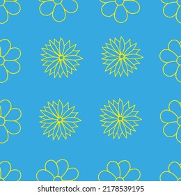 Floral background. Flower pattern. Flower drawn with yellow marker on blue paper. Neon seamless floral backdrop.