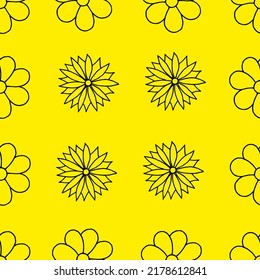Floral background. Flower pattern. Flower drawn with black marker on yellow paper. Seamless floral backdrop.