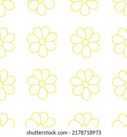 Floral background. Flower pattern. Flower drawn with yellow marker on white paper. Seamless chamomile backdrop.