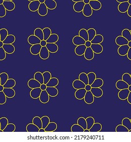 Floral background. Flower pattern. Flower drawn with yellow marker on very peri paper. Seamless chamomile backdrop.