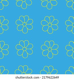 Floral background. Flower pattern. Flower drawn with yellow marker on blue paper. Seamless chamomile backdrop.