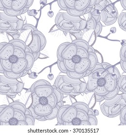 Floral background. Flower pattern. Flowers apple and cherry. Bloom. Blue and silver tones.