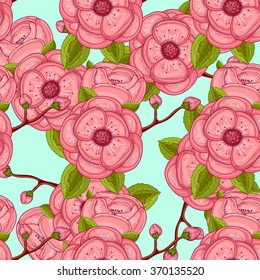 Floral background. Flower pattern. Flowers apple and cherry. Bloom. Beautiful red tones and emerald.