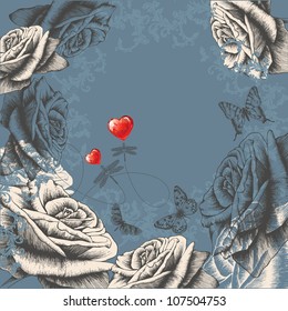 Floral background with flowering roses, flying butterflies and dragonflies. Vector illustration.