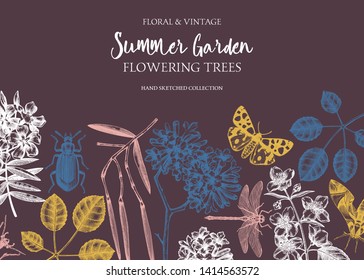 Floral background. Flowering trees with insects design. Hand sketched botanical and entomological elements. Vintage garden plant drawing. Vector template in engraved style. Vector outlines.