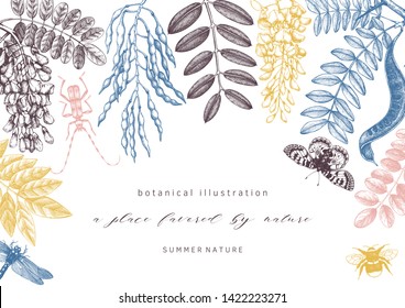 Floral background. Flowering trees with insects design. Hand sketched botanical and entomological elements. Greeting card or invitation design. Vintage template in engraved style. Vector outlines.