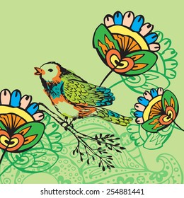 floral background with flowers and bird