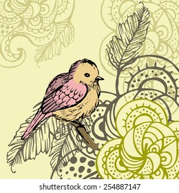 floral background with flowers and bird