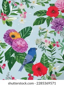 Floral background with flowers, birds and leaves. Vector illustration for your design.