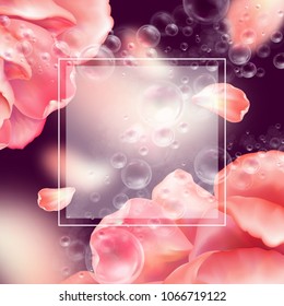 Floral background with flowers, bubbles of air and petals. Can be used for the design of cosmetics or detergents. Vector illustration.