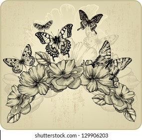 Floral background with flowers and flying butterflies, vector illustration.