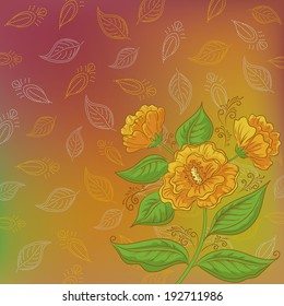 Floral background, flowers and pattern of abstract leafs contours. Vector