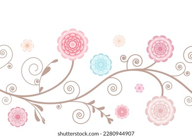 Fondo floral. Flores. Rosa. Borde. Curls. Patrón. Flores pintadas.