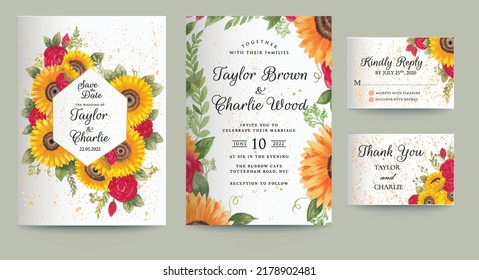 Floral Background With Flowers Sunflower Wedding Invitation Set