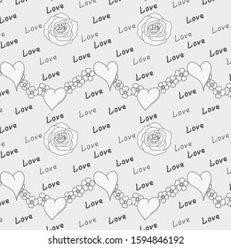Floral background. Flowers, the word "love" and a heart on a light background.