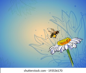 floral background with flying bee, bright colors