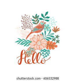  Floral Background with forest bird. Hello.