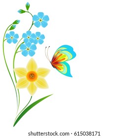 Floral background with forget-me-nots and daffodils, butterfly.