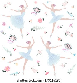 Floral background with four dancing ballerinas. Vector design.